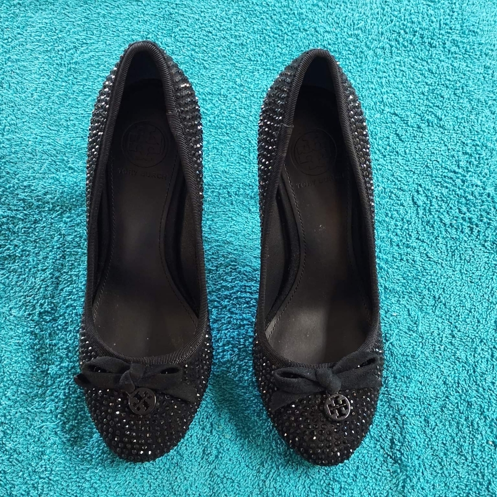 Tory Burch Black Suede Crystal Embellished Bow Round Toe Pumps